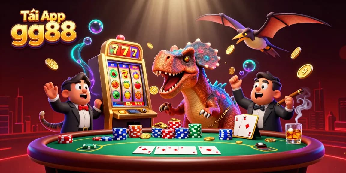 Tải App gg88 as the pachycephalosaurus wins jackpot coins in lively casino scene with poker and slot elements
