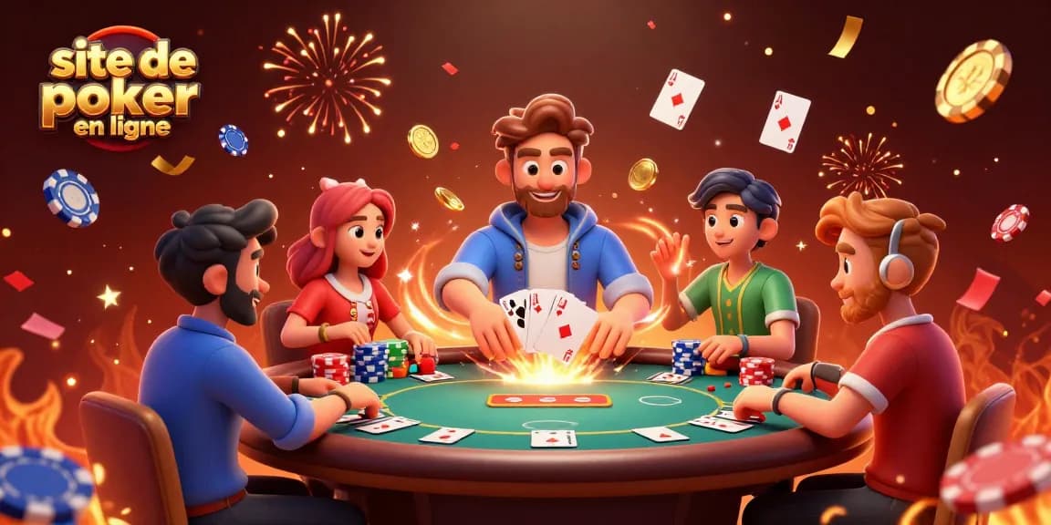 Vainquez sur un site de poker en ligne avec des joueurs, des jetons, et des cartes distribuées.