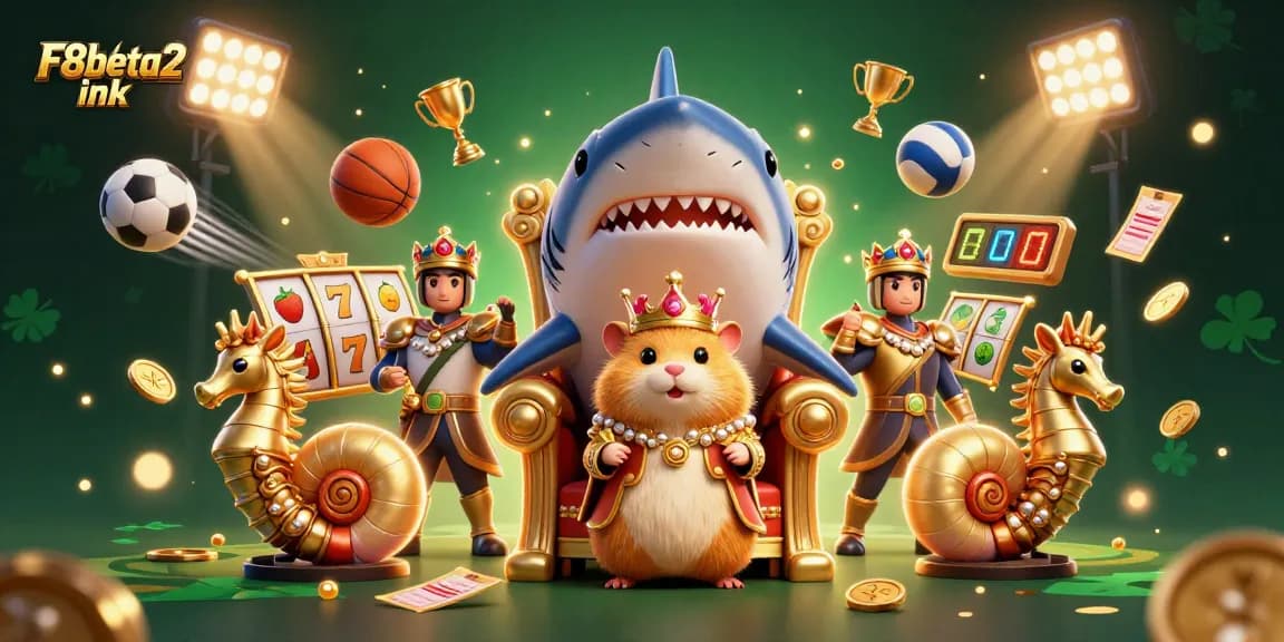 Spin slots and win big at F8beta2 ink with a captivating scene of a golden hamster king and dynamic sports elements.