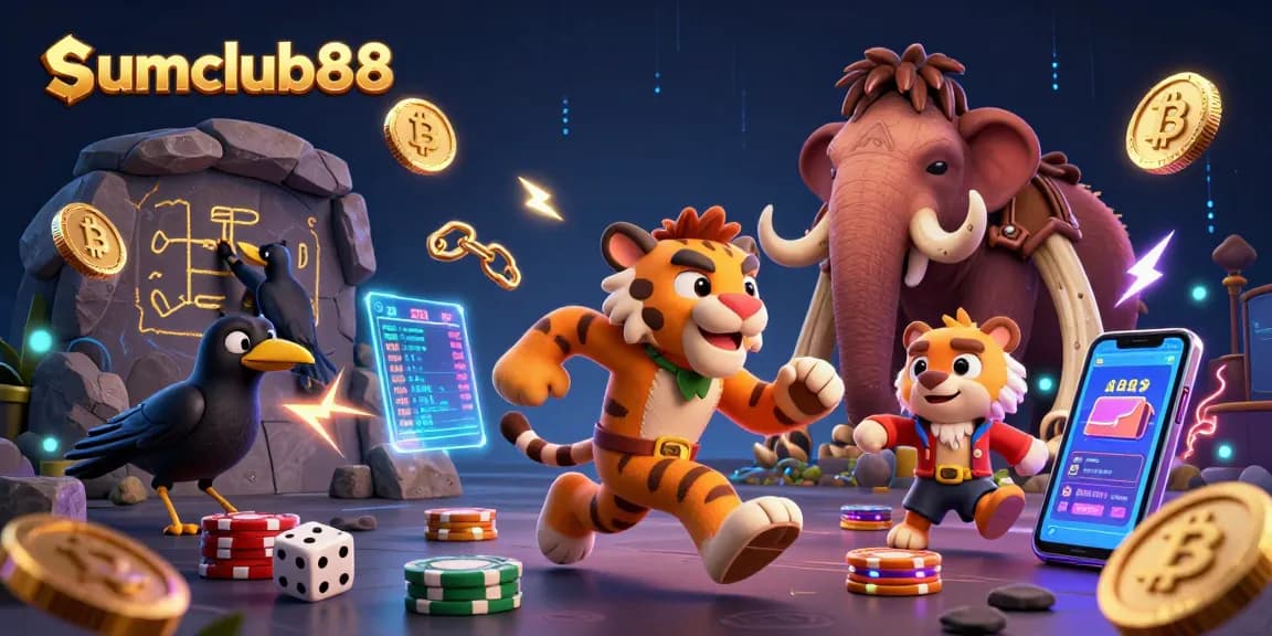 Experience thrilling gameplay at sumclub88 with vibrant casino characters, neon elements, and crypto-integrated design.
