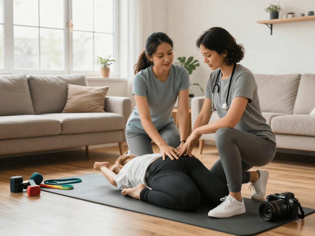 Mobile physiotherapy Mosman: Patient receiving care at home with professional physiotherapist, showcasing compassionate healthcare services.