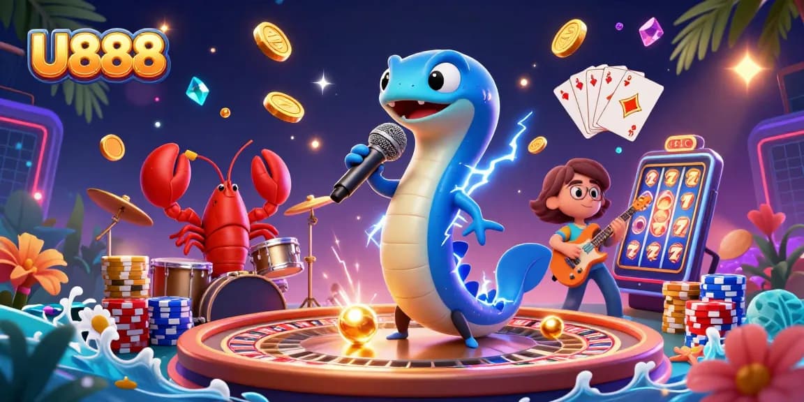 U888 players enjoy an electrifying performance by a DJ eel, marine-themed casino excitement unfolds.