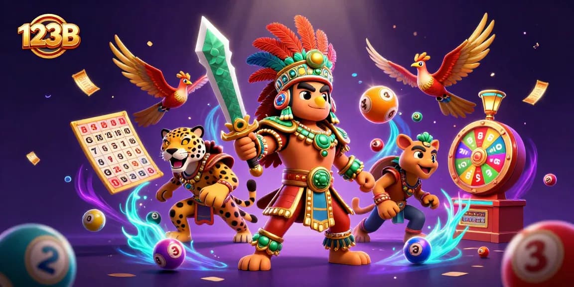 Engage with exciting casino visuals featuring 123B characters, lottery, and game elements.