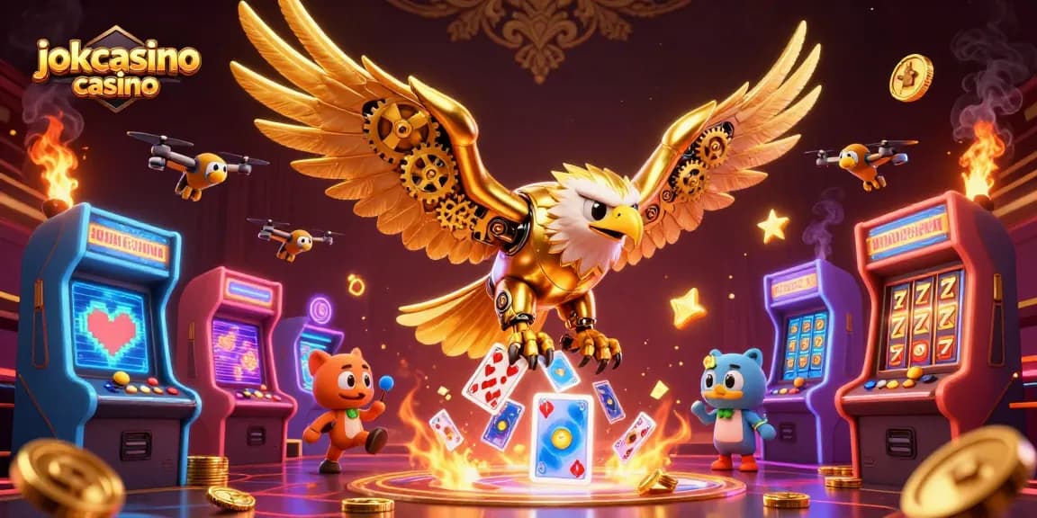 An engaging scene of jokacasino casino with a cybernetic eagle amidst vibrant slot elements and glowing arcade machines.