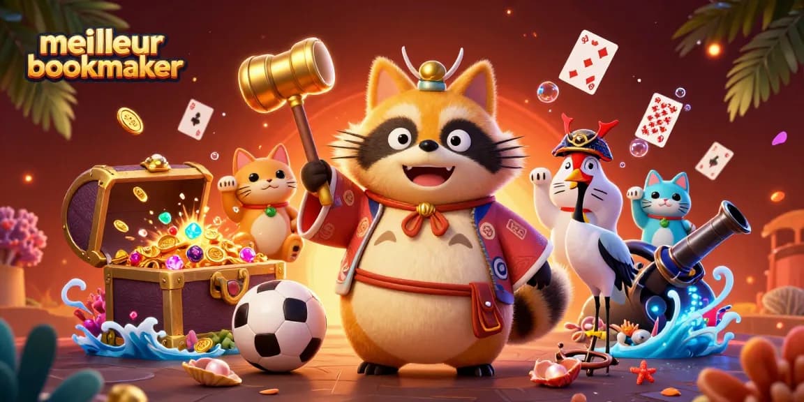 Meilleur bookmaker : Paris avec un tanuki joyeux et des symboles porte-bonheur dans une scène festive de casino.