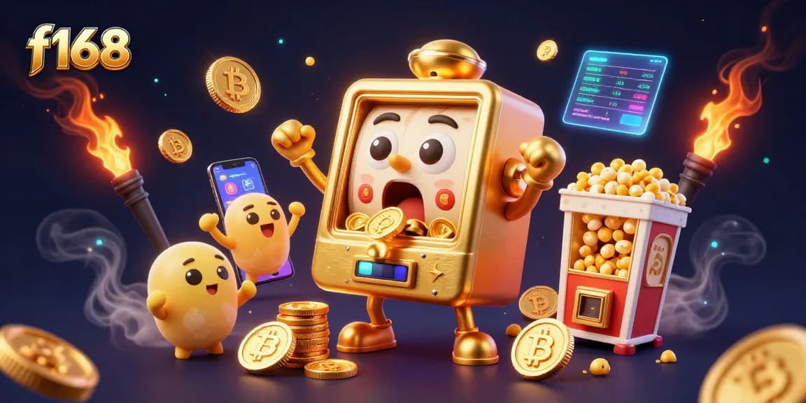 Experience the exciting f168 action as the golden slot machine hits a jackpot amid vibrant gaming elements.