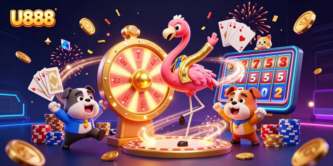 Experience the excitement of U888 with a lively scene featuring a game show host and vibrant casino elements.
