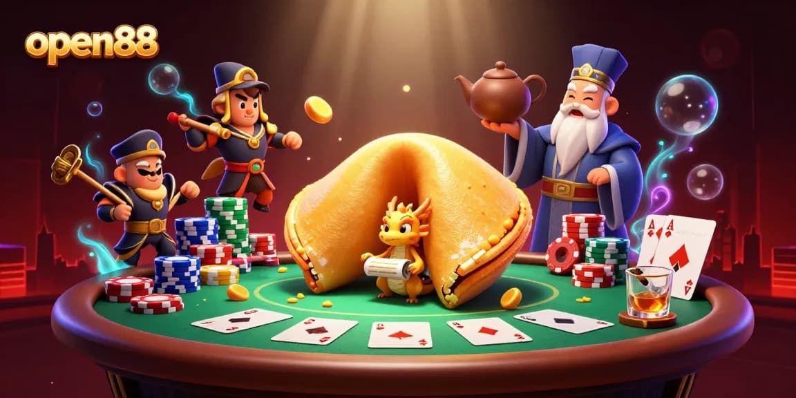 Experience the thrill of open88 with a vibrant 3D gaming scene featuring a giant fortune cookie and poker elements.