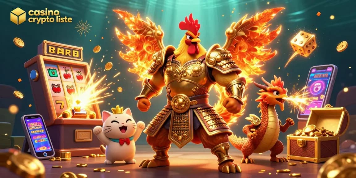 Découvrez la liste des casinos crypto avec une scène dynamique de personnages 3D entourés d'éléments de jeu captivants.