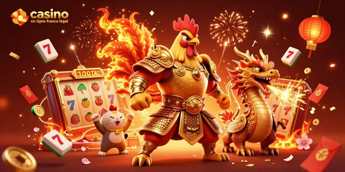 Découvrez l'illustration 3D d'un jeu de casino en ligne France légal, avec un coq guerrier et un dragon.
