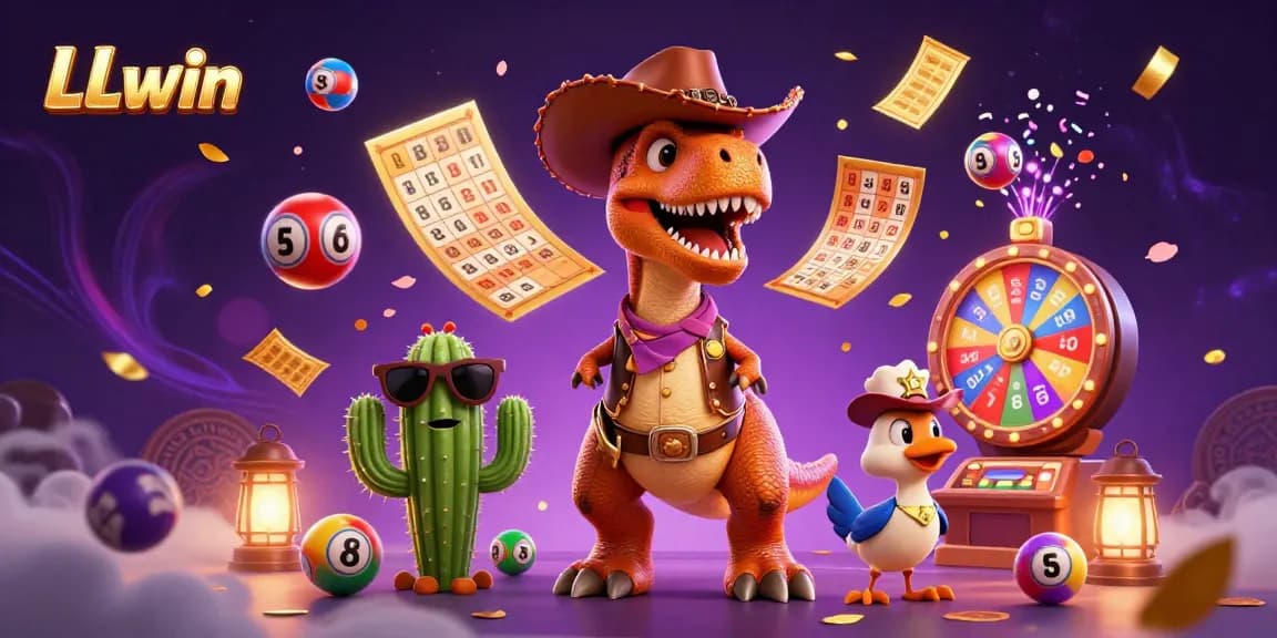 Experience thrills with LLwin as a cowboy dinosaur and friends celebrate big wins in a vibrant casino scene.