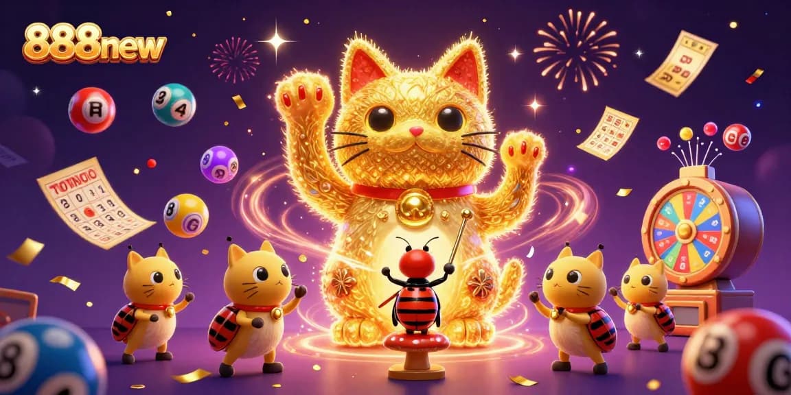 Experience the vibrant excitement of 888new with a dynamic casino scene featuring a lucky cat!