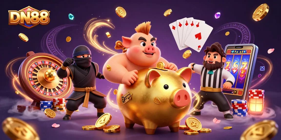 Win big with DN88 using a golden piggy bank sumo wrestler and exciting casino elements.