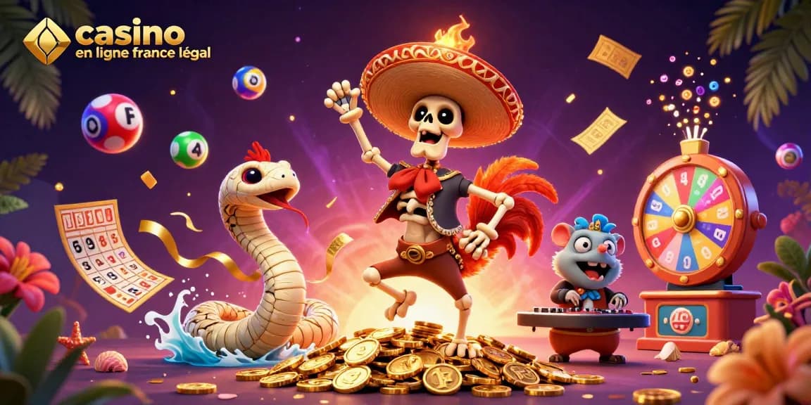 Affrontez les jeux avec les casinos en ligne légaux en France : une ambiance festive avec un perroquet squelettique et des éléments de loterie.