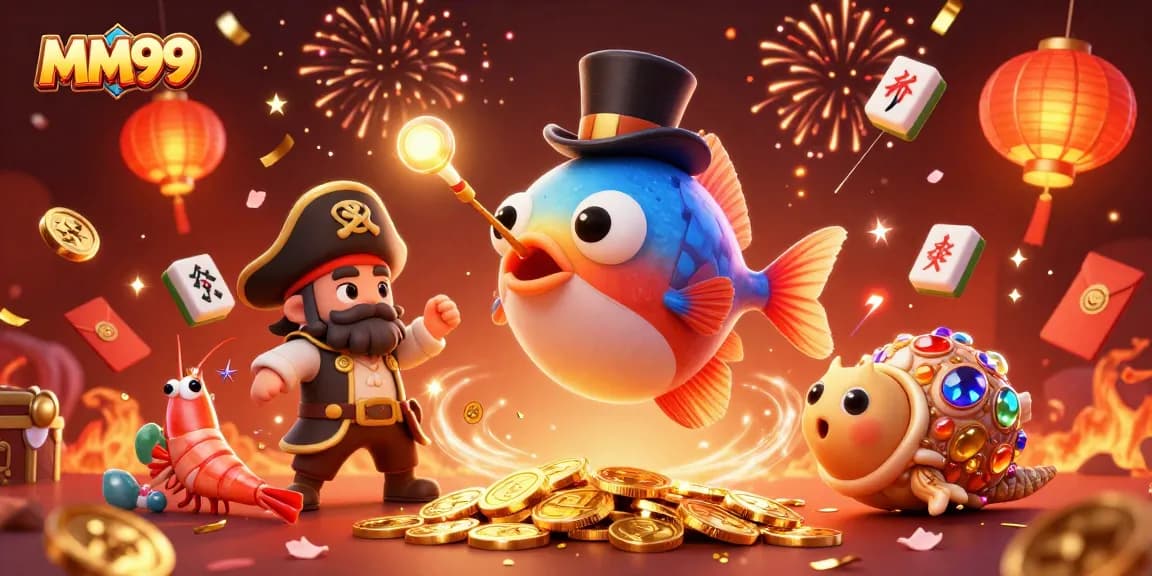 Experience the thrill of MM99 with an engaging 3D illustration featuring lucky characters and symbols.
