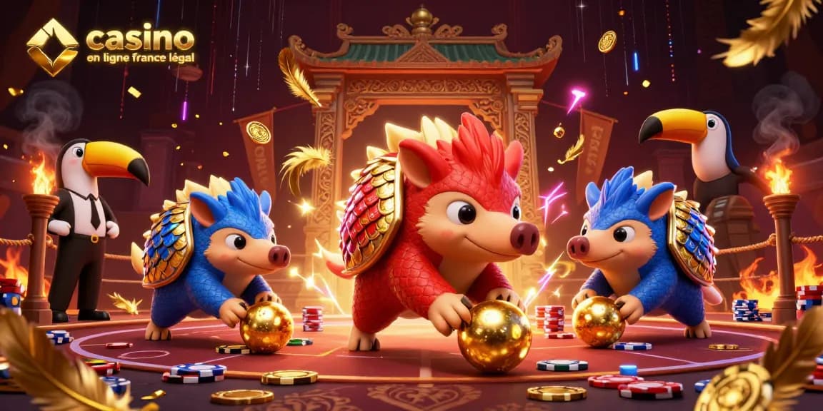 Jouez au casino en ligne légal en France avec cette illustration dynamique et colorée mettant en scène des pangolins rivaux.
