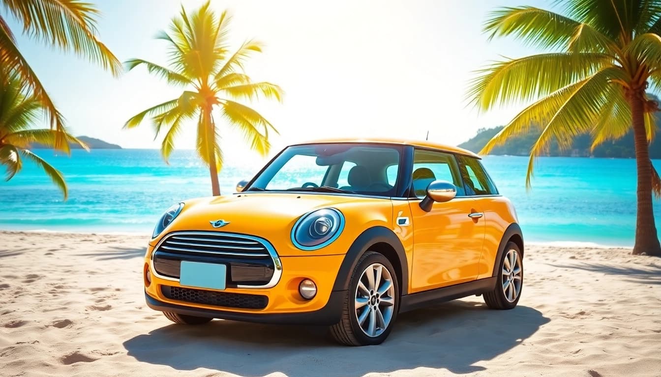 Experience the joy of a mini cooper st barts rental at a stunning beach with tropical surroundings.
