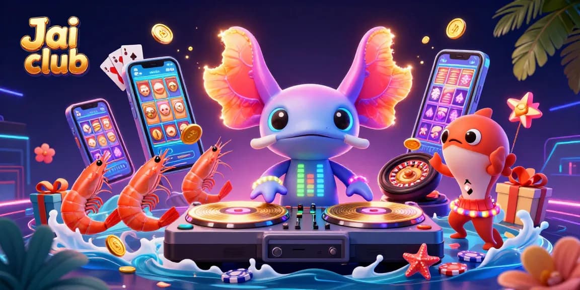 Join the vibrant Jai club fun with a dynamic neon casino scene featuring colorful slot games and energetic characters.