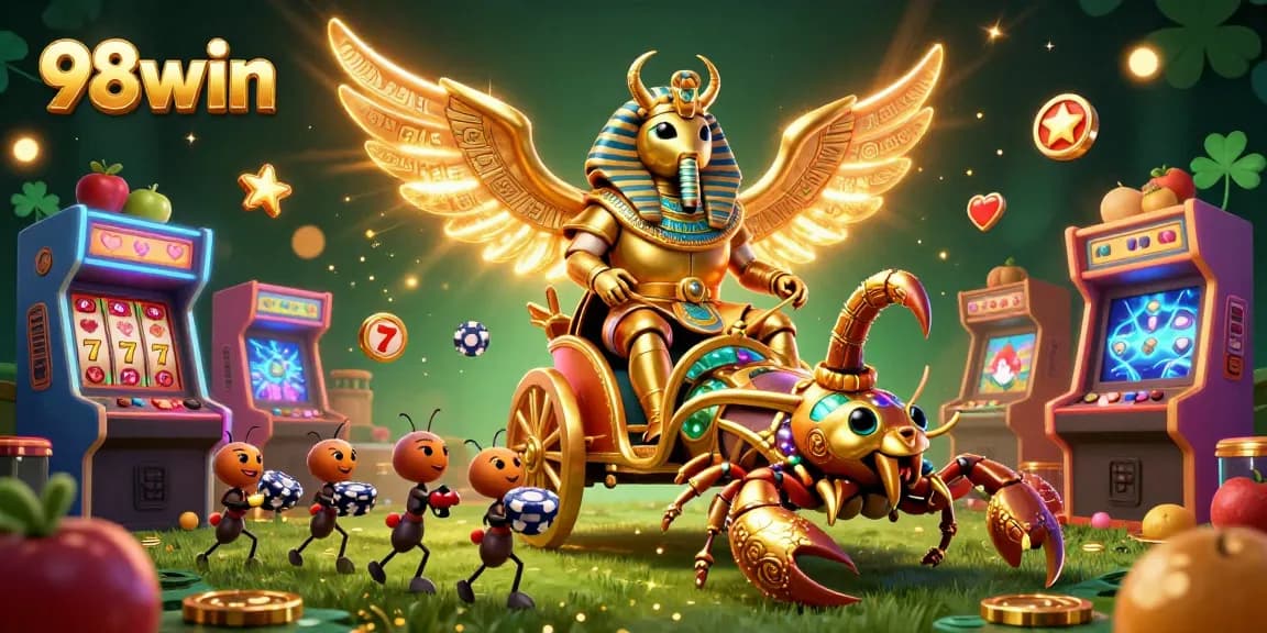 Experience the excitement of 98win casino with a vibrant 3D illustration featuring a golden scarab beetle and colorful slot elements.