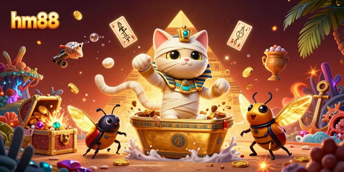 Experience dynamic gaming adventures at hm88 with an Egyptian mummy cat emerging from a golden sarcophagus.