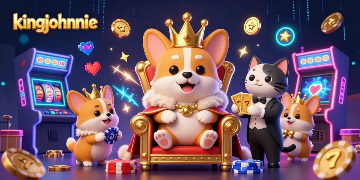 Kingjohnnie's vibrant gaming scene with a royal corgi on a poker chip throne, showcasing thrilling casino elements.
