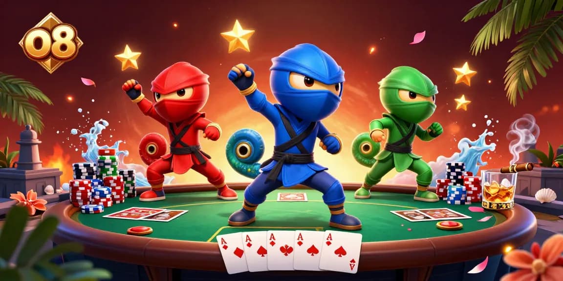Experience thrilling plays at o8 with 3D ninja chameleons in a vibrant casino scene.