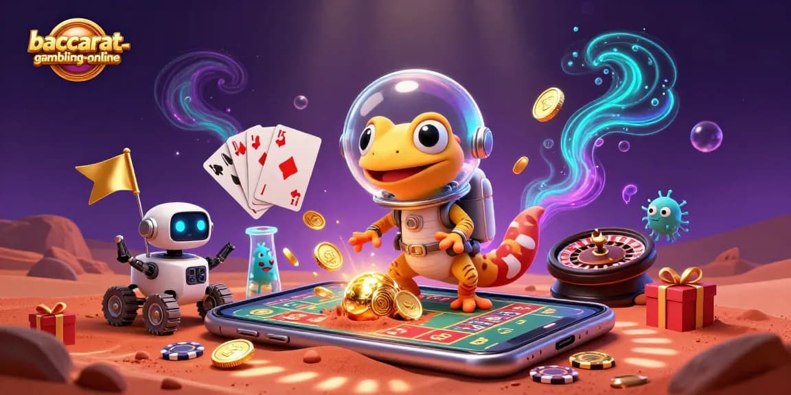 Baccarat-gambling-online depicts a Martian gecko discovering a golden casino with engaging game elements and vibrant colors.