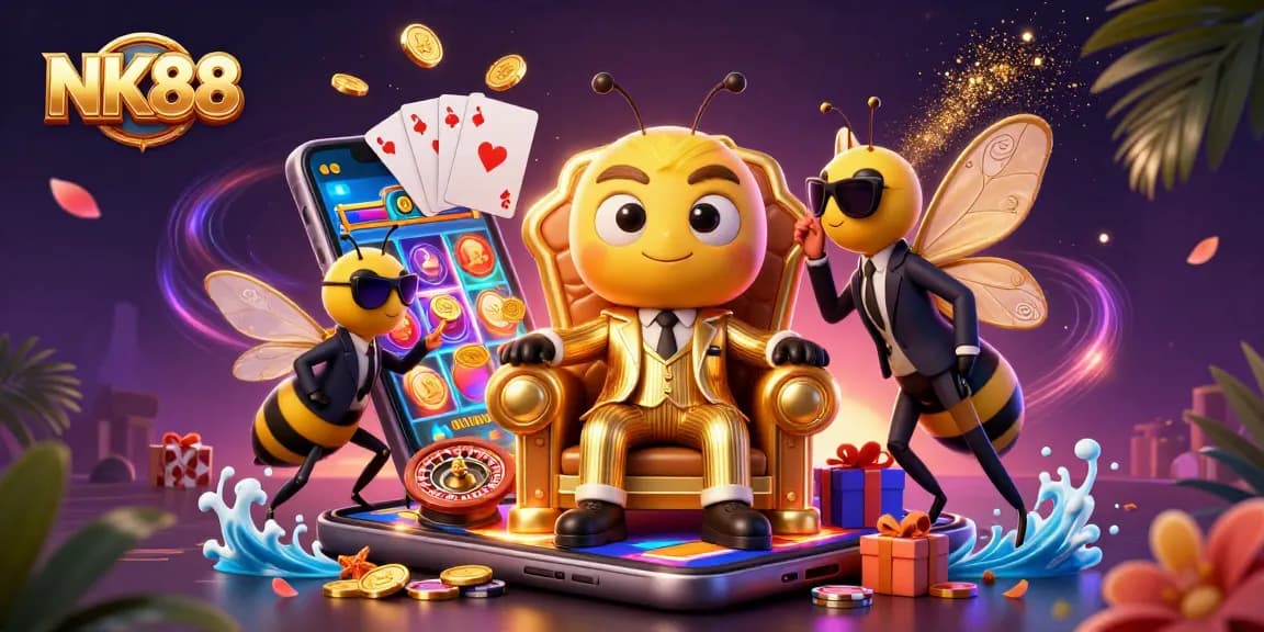 Experience NK88's thrilling ambiance with a buzzing bumblebee mob boss amidst vibrant casino elements.