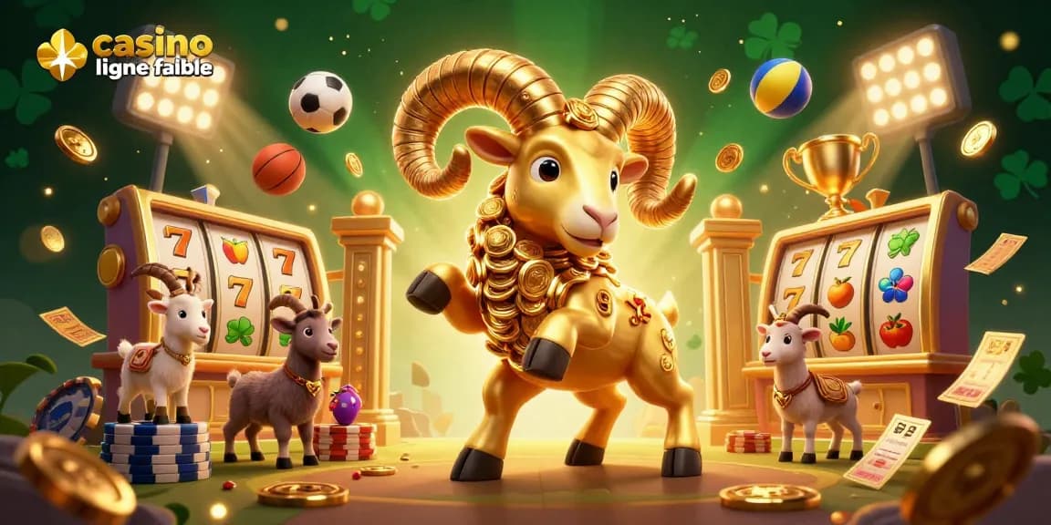 Illustration dynamique du ram doré symbolisant un casino en ligne fiable, avec des éléments de jeux de machine à sous.