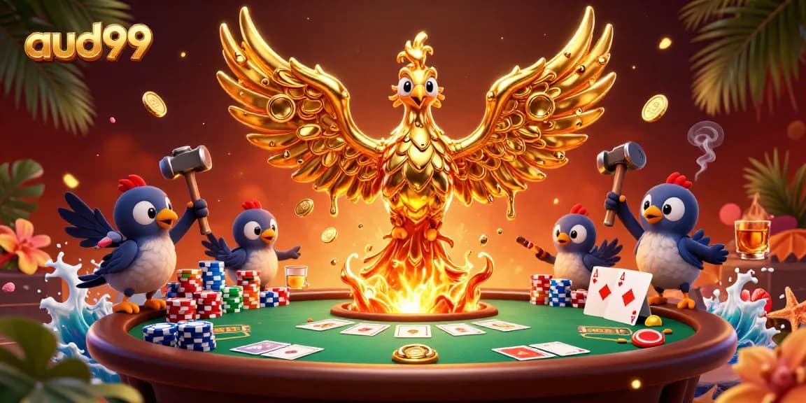 Engage with aud99 in a vibrant casino scene featuring a golden phoenix and poker elements.