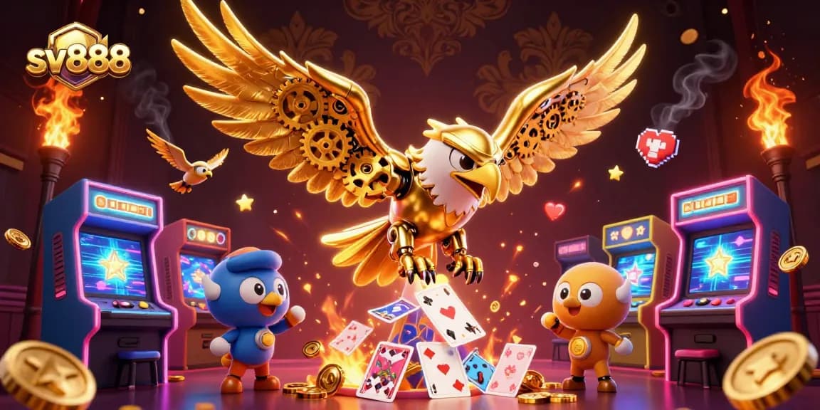 Engage with sv888's thrilling atmosphere featuring a cybernetic eagle amidst vibrant casino elements.