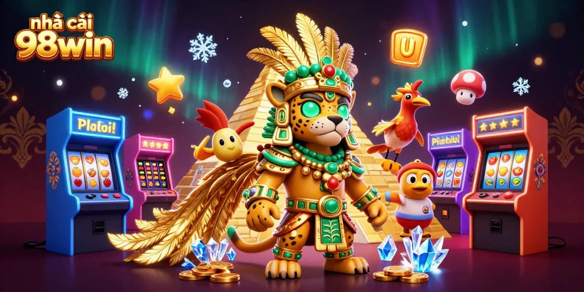 Engage with nhà cái 98win through a vibrant 3D jackpot scene featuring colorful game elements.