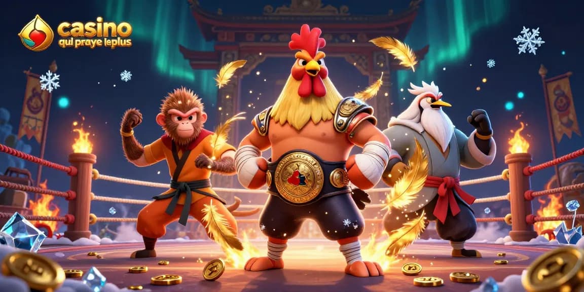 Illustration dynamique d'un rooster Muay Thai et un singe Shaolin avec l'inscription casino en ligne qui paye le plus.