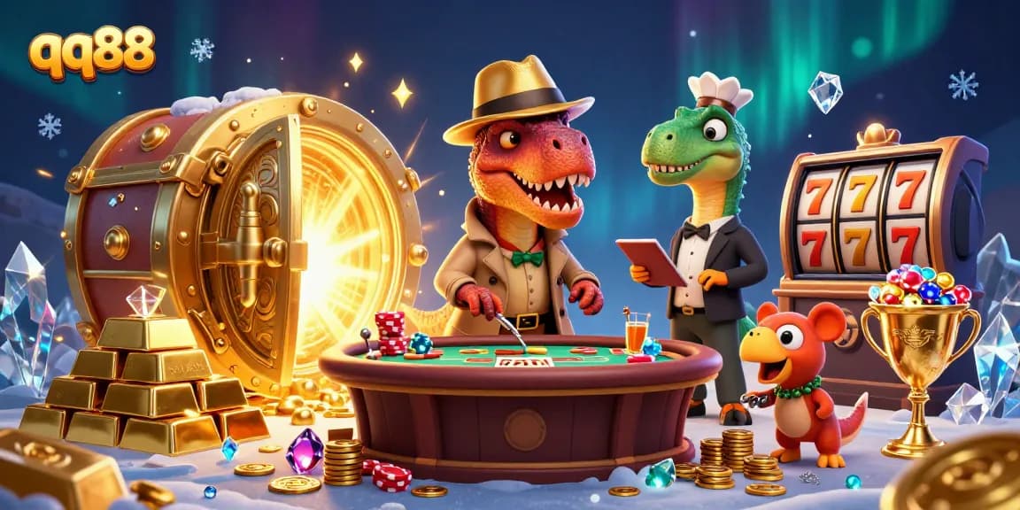 Bet at QQ88 as a cartoon velociraptor strategizes at a bustling blackjack table with gleaming treasures.