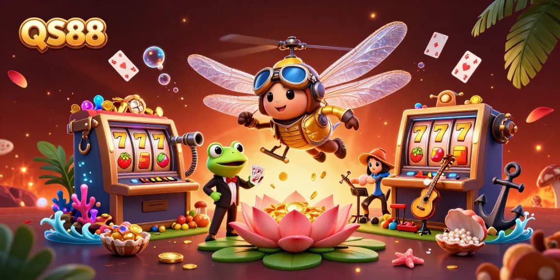 Experience the thrill of QS88 with a vibrant casino scene featuring a dragonfly pilot and frog dealer.