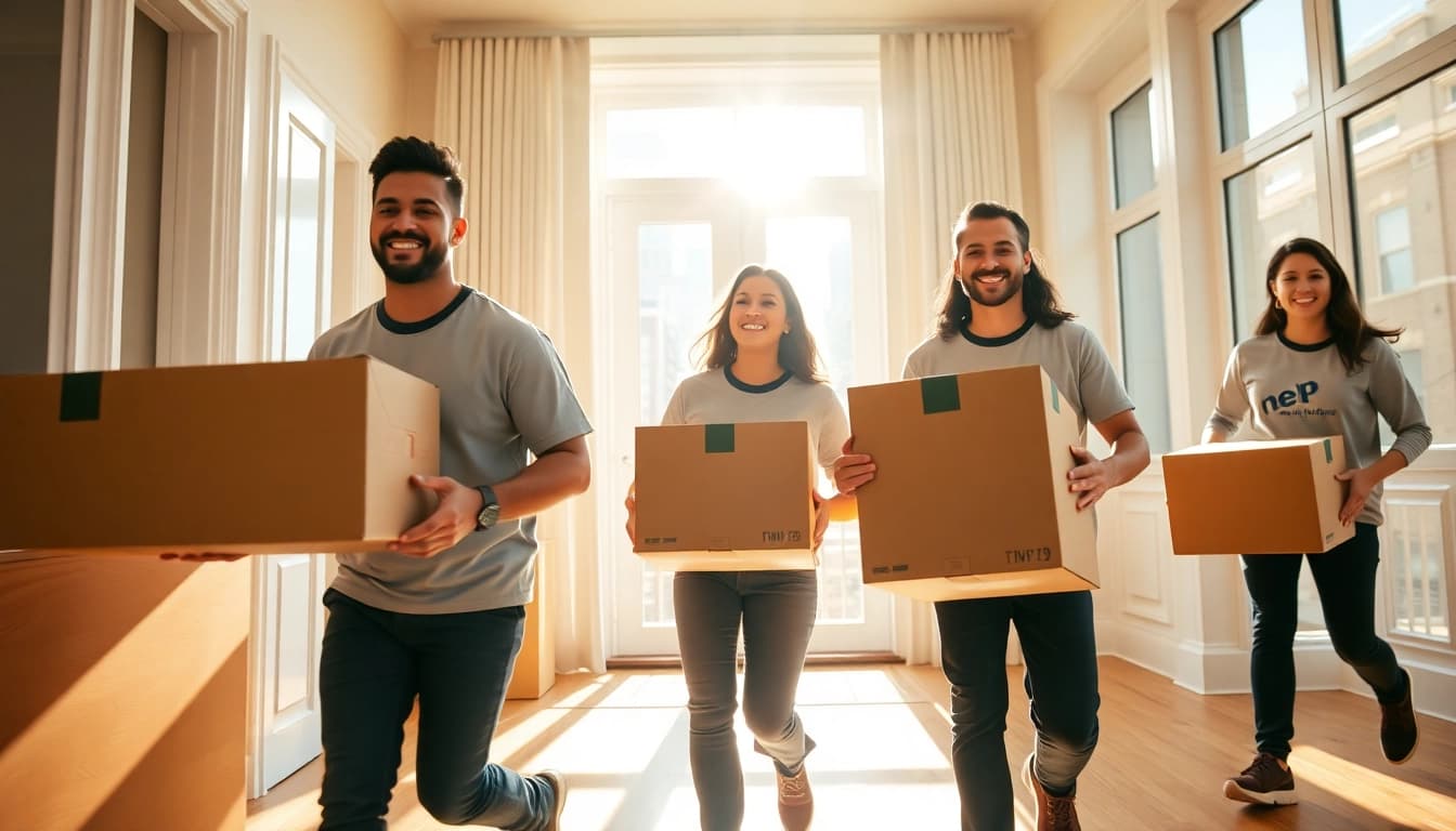 Moving companies in New York City team efficiently delivering boxes to a client’s apartment.