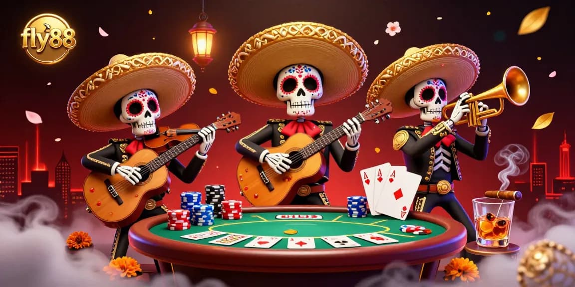 Engage with fly88’s exciting poker scene featuring colorful mariachi characters surrounded by vibrant gambling elements.