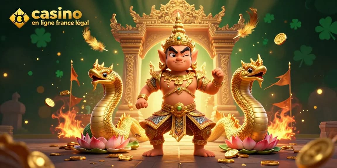 Illustration vibrante représentant le casino en ligne France légal avec gardien et serpents en or.