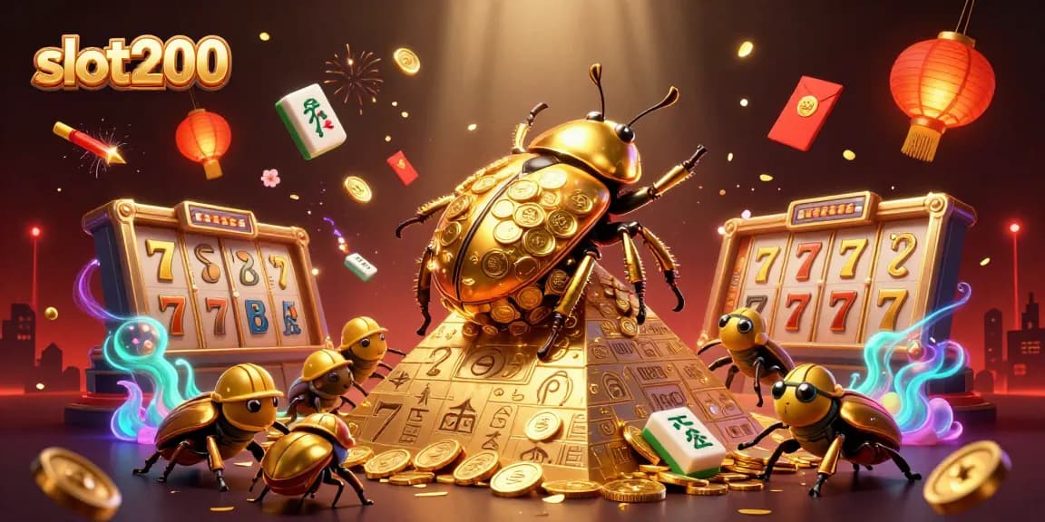 Engage with slot200 as the golden dung beetle rolls coins, symbolizing winning at online slots.