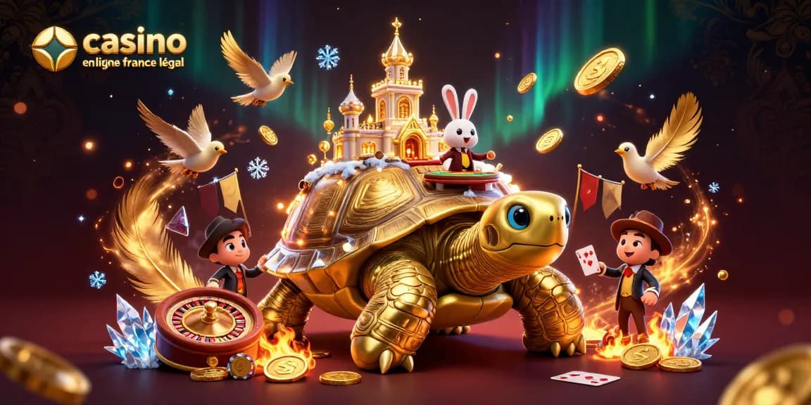 Jouez aux jeux de casino en ligne France légal avec tortue dorée et croupier lapin.