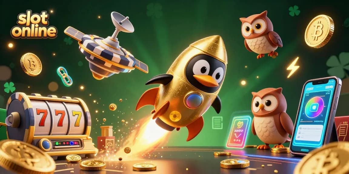 Play thrilling slot online games with a golden penguin and poker chip rocket in space, showcasing winning energy.