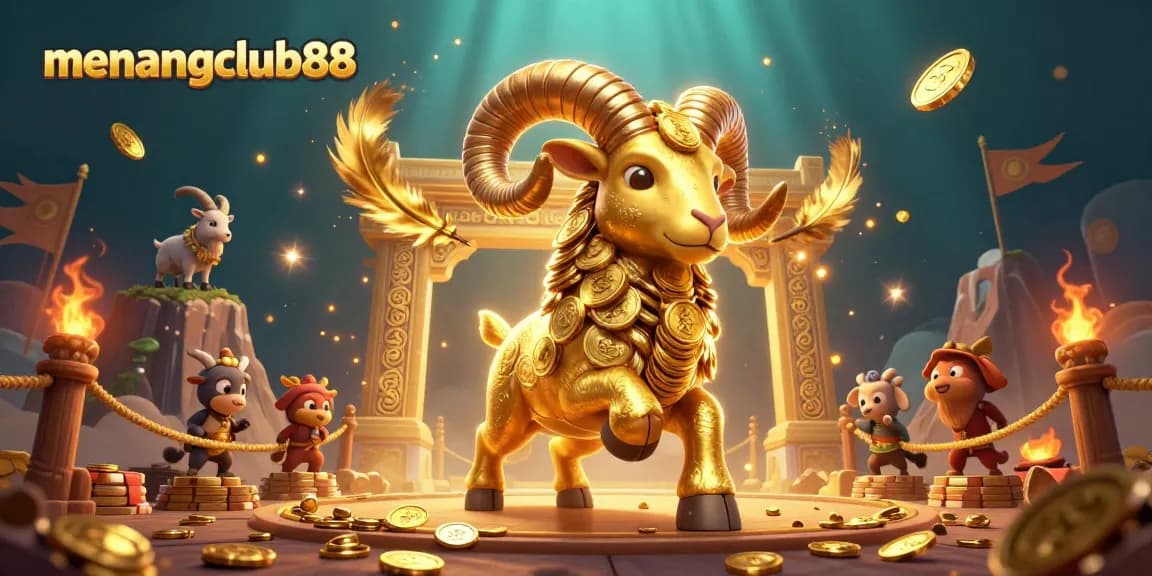Experience the excitement of menangclub88 with a dynamic scene featuring a golden ram amidst a vibrant casino environment.