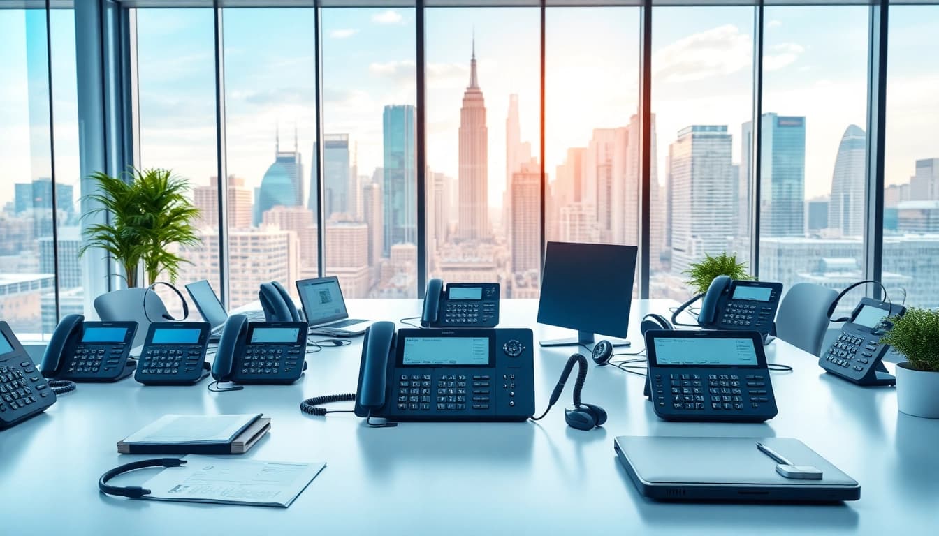 Explore office business phone systems showcased in a modern professional workspace with bright lighting.