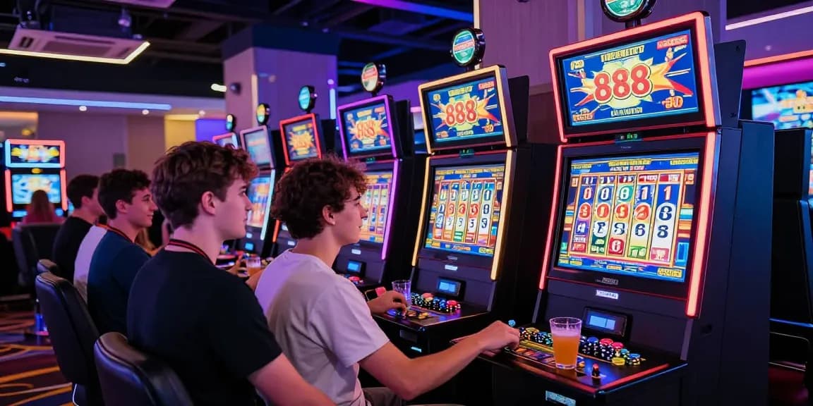 Exciting gaming scene showcasing players enjoying an 888 slot machine in a vibrant casino atmosphere.