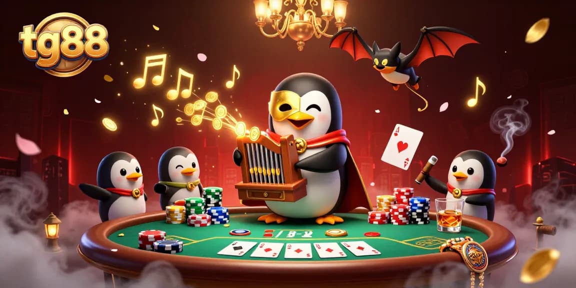 Experience the excitement at tg88 with a dynamic scene of casino action featuring a penguin playing music and golden coins showering down.
