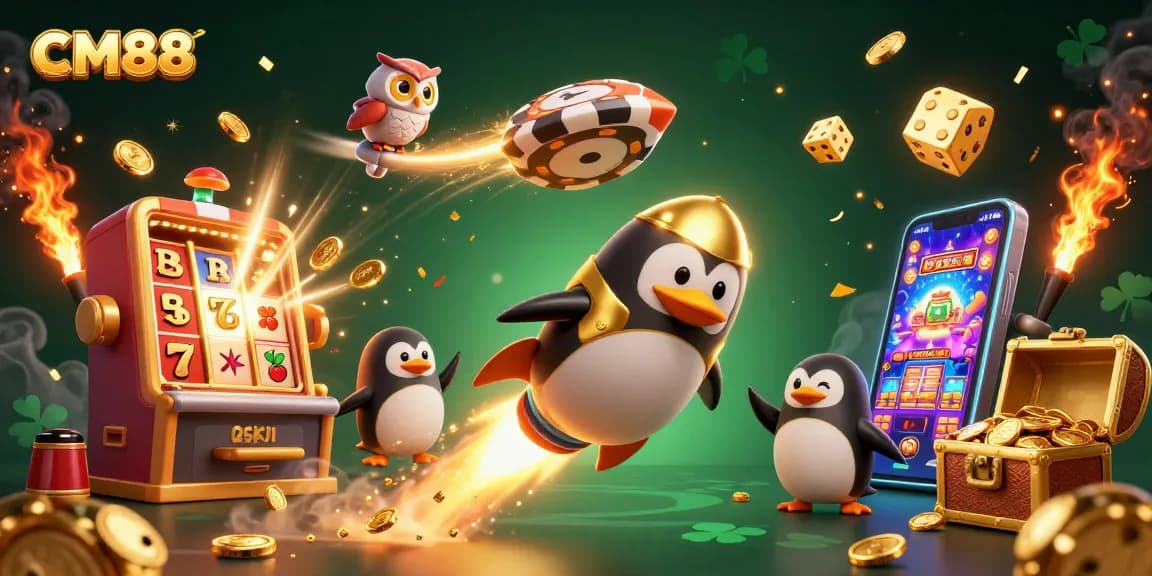 Join the action at CM88, featuring a vibrant casino scene with a golden penguin and exciting jackpots.