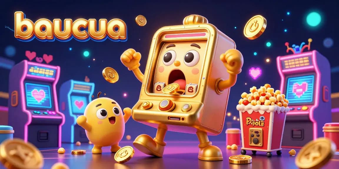 Baucua slot machine wins jackpot as coins pour out amidst cheering baby slots and colorful 3D arcade games.