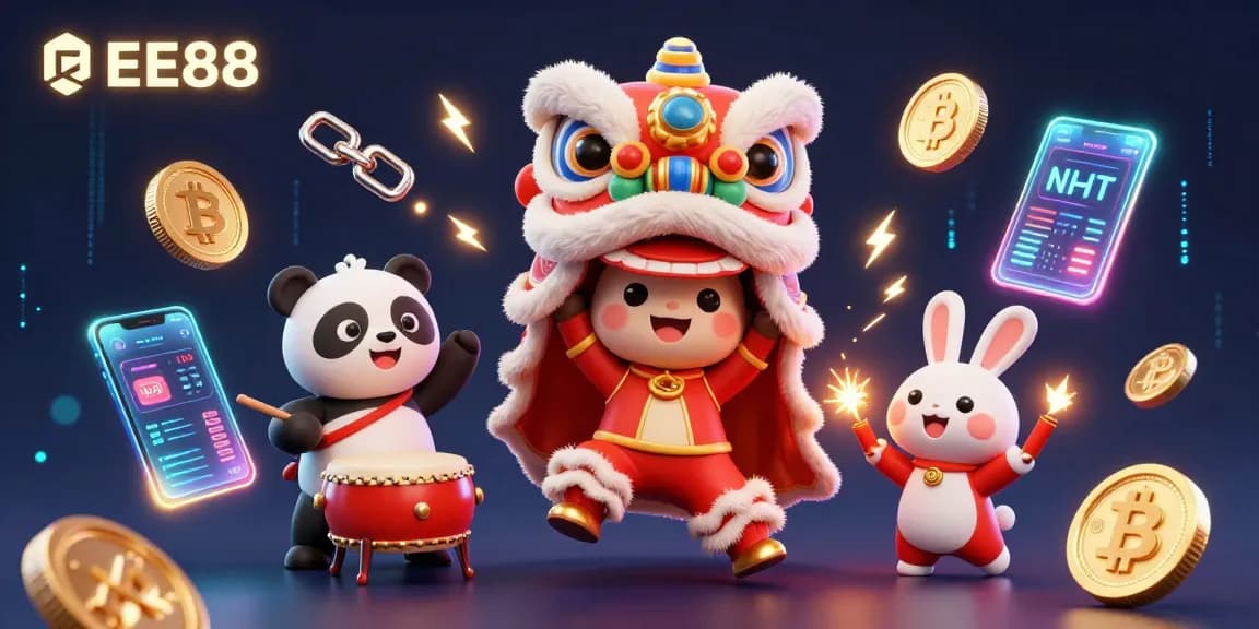 EE88 showcases a vibrant 3D illustration of a Chinese New Year lion dance amidst crypto symbols for engaging gameplay.