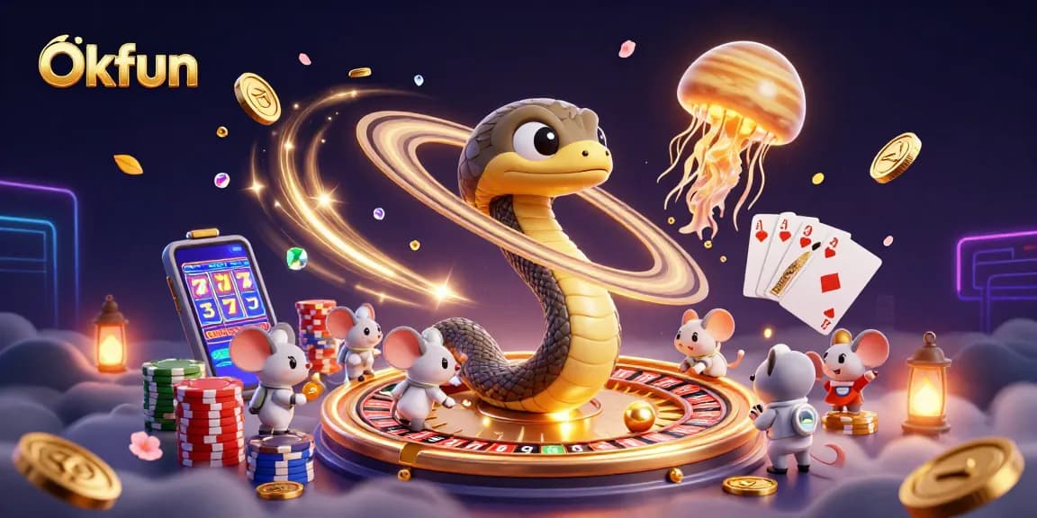 Experience thrilling gameplay at Okfun with unique slot games featuring coiled roulette wheel and cosmic dealer.