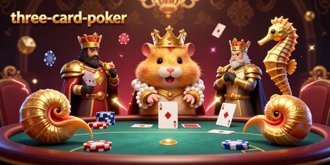 Engaging three-card-poker scene with a hamster king and dynamic poker elements creating an exciting atmosphere.